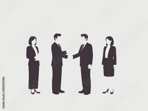 Four business people standing and shaking hands in a formal meeting on a colored background