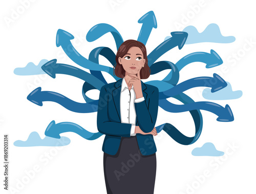 Vector illustration of tough decisions as businesswoman chooses career path facing confusion options final result and challenge suitable for business decision concept artwork