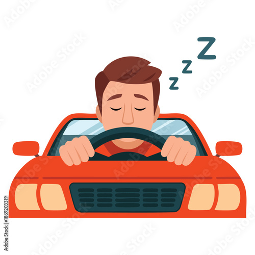 Vector illustration of traffic code sleeping behind wheel in flat cute childish style ideal for road safety, driving awareness, and educational designs