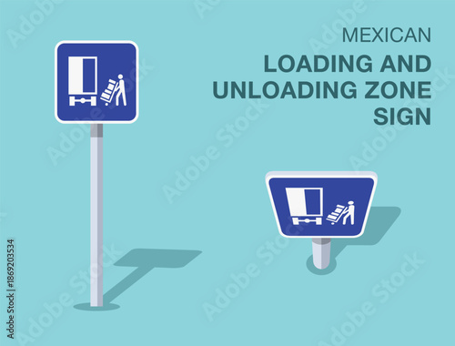 Traffic regulation rules. Isolated mexican "loading and unloading zone" road sign. Front and top view. Flat vector illustration template.