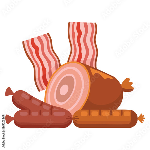 Vector illustration of unhealthy food for brain including processed meat products sausages and ham ideal for dietary education and health themed artwork