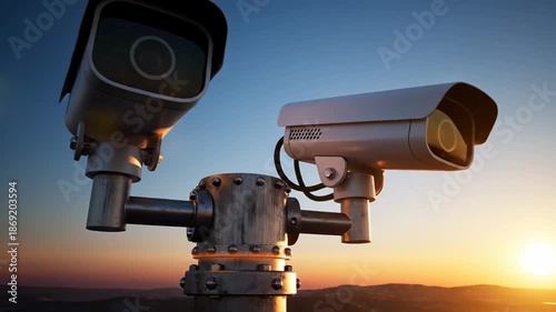 Security cameras mounted on a pole watching over the surroundings at sunset
