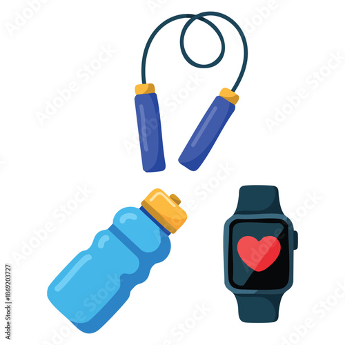Vector illustration of water bottle skipping rope and smart watch ideal for healthy diet fitness exercise wellness and active lifestyle creative designs