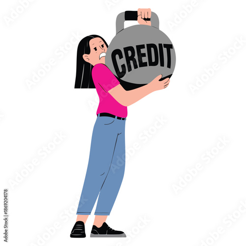 Vector illustration of woman with kettlebell representing mortgage severity heavy credit burden and financial responsibility themed design concept