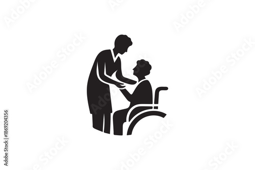 Elderly Care and Senior Support Concept with Compassionate Healthcare icon silhouette on white background.