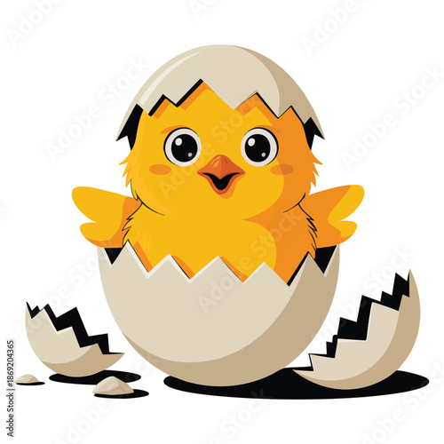 Vector illustration of yellow baby chicken in broken egg shell cute emoji character perfect for kids story cartoon farm animal or educational creative designs