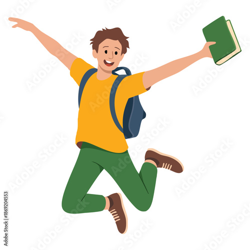 Vector illustration of young cheerful man with backpack jumping cartoon character ideal for student traveler playful happiness joy themed design or creative artwork