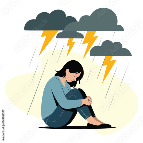 Vector illustration of young lonely girl under storm cloud crying cartoon style ideal for depression mental disorder awareness problem and emotional themed artwork