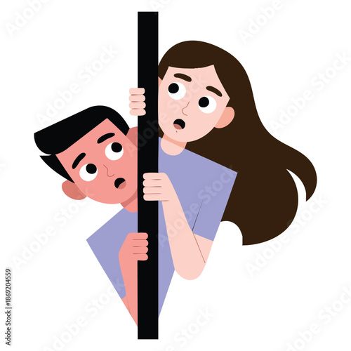 Vector illustration of young man and woman peeking from behind wall ideal for cartoon playful observation curious or fun creative design
