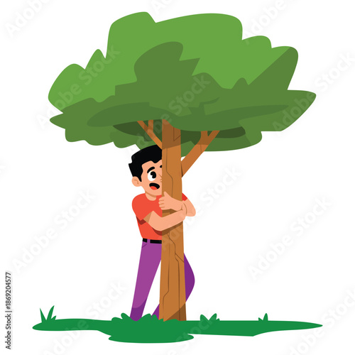 Vector illustration of young man peeking and hiding behind green tree perfect for outdoor adventure playful stealth or nature forest themed creative designs