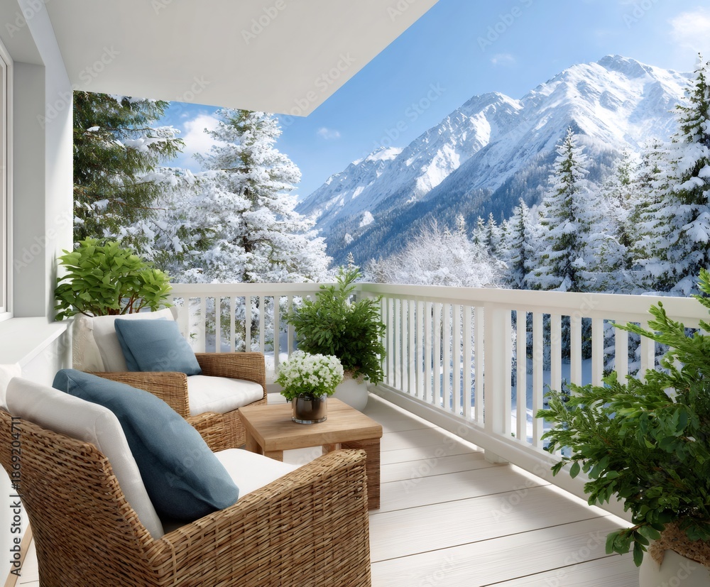 Obraz premium Cozy balcony enjoying winter mountain forest view