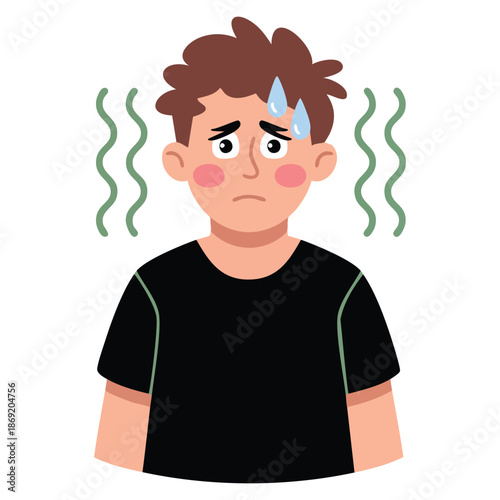 Vector illustration of young man sweating due to bad body smell perfect for personal hygiene problem awareness cartoon education or lifestyle themed artwork