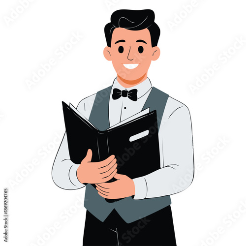 Vector illustration of young smiling waiter holding menu ideal for National Waiters Day celebration hospitality service or restaurant themed designs