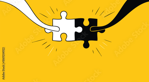 Vector illustration puzzle pieces connected together cables joining on yellow background ideal for problem solving concept business solutions ideas artwork