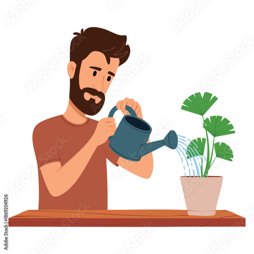 Vector illustration semi flat color man watering houseplants simple cartoon style editable figure half body gardening chore design for web graphic and animation use