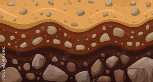Vector illustration seamless ground layers showing different textures of soil and rocks underground ideal for terrain composition educational use and geology learning visuals