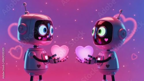 Whimsical Cartoon Robot Couple Exchanging Heart-Shaped Gifts, Glossy 3D Render Style on Romantic Neon Pink Violet Background