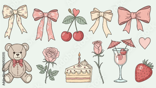 Set of hand drawn coquette elements for Valentines day, wedding invitation, birthday card. Cute girly bows, ribbons, cherry, cake, toy bear, cocktail, rose, strawberry. Vintage vector illustration