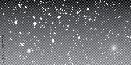 Winter snow overlay with falling snowflakes on dark transparent background - realistic white flake particles floating down. 