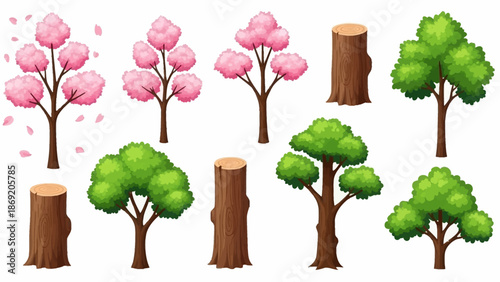 Spring trees vector nature illustration collection with pink blossom sakura, trunks, green crown. Isolated summer season park cartoon floral icon set. Spring trees garden environment logo landscape HD