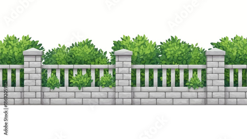 Brick vector fence seamless border, gray stone garden barrier, green leaf, bushes isolated on white. Architecture exterior design element, outdoor street object. Brick fence texture background