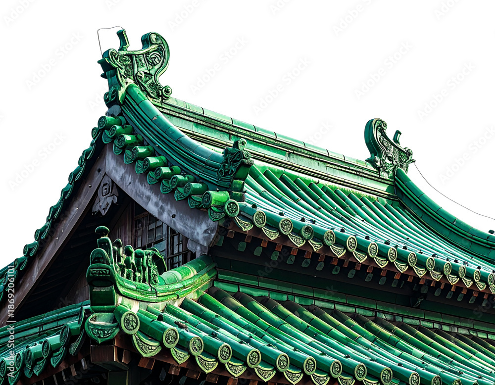 Fototapeta premium Green Tiled Chinese Temple Roof, Angled Perspective, Classic Asian Architecture, Isolated on White Background