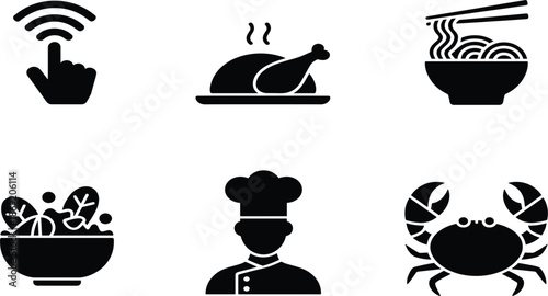 Set of black solid food icons including roasted chicken, noodle bowl, chef character, and crab seafood