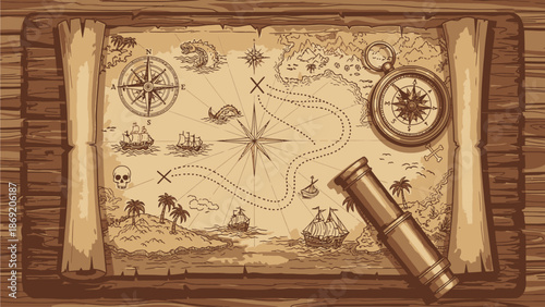 Old pirate map, vector antique vintage parchment paper scroll, golden compass, spyglass, wooden board. Corsair adventure treasure picture, ancient navigation roll game object. Medieval pirate map