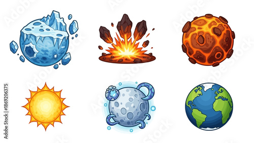Space alien planet vector icon set, game UI fantasy galaxy sphere kit, ice surface asteroid, Sun, Earth. Magic cosmos collection, 3D fiction fantastic moon, lava stone explosion. Alien planet clipart