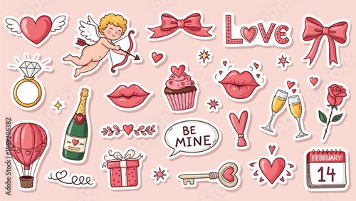 Love doodle sticker set, Valentine day cute hand drawn whimsical illustration, pink romantic print. February 14 holiday creative icon, heart, cherub, wedding ribbon bow. Bachelorette party love doodle