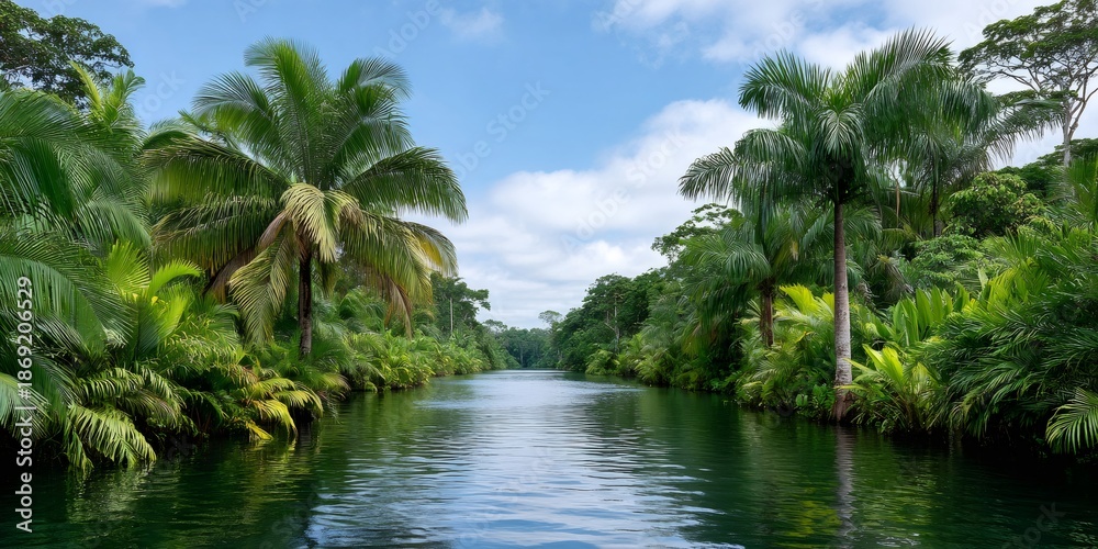 Obraz premium Lush tropical jungle river flowing through rainforest