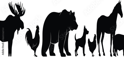 Black silhouette of wild and domestic farm animals including moose, bear, horse, dog, rooster, hen, and pig isolated on white background, vector illustration