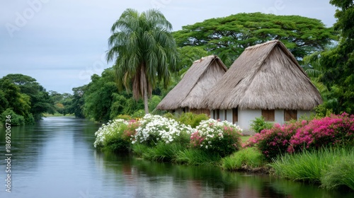 Thatched hut village reflecting tropical riverside lifestyle