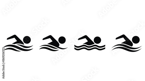 Collection of four black silhouette icons depicting a person swimming freestyle in water