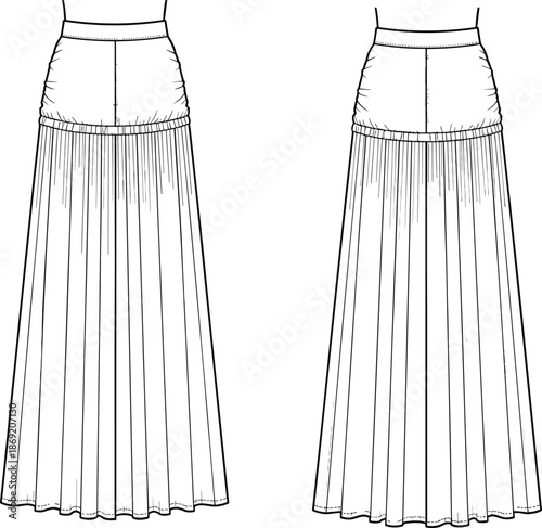 Women fashion long maxi skirt technical cad drawing flat vector illustration, front and back view, apparel template, elegant garment design