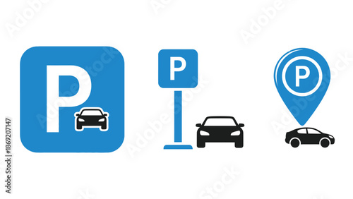 Collection of three blue and white parking icons representing car location and signage