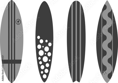 Set of flat surfboard icons with various patterns including stripes, bubbles, and waves for summer sports
