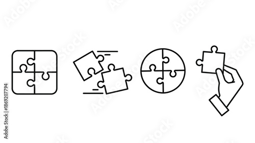 Collection of line art icons depicting puzzle pieces and final connection placement