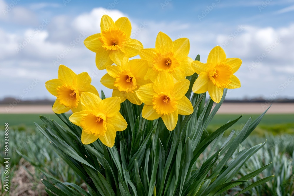 Fototapeta premium Yellow daffodils blooming against a blue sky for spring