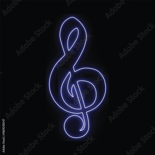 Blue neon treble clef symbol on a black background musical symbol