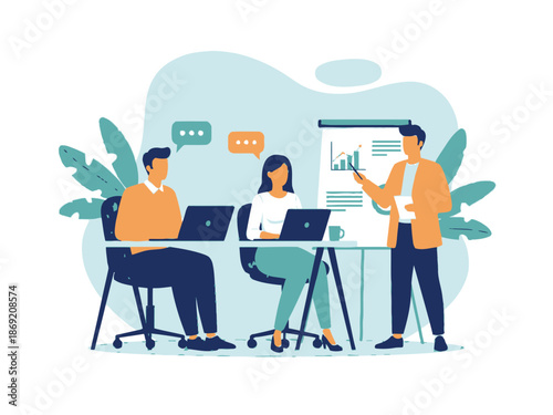 Business colleagues discussing data on a presentation board in a meeting room with laptops