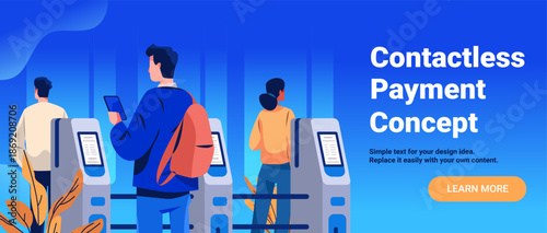 Contactless payment technology people using digital devices turnstile gates urban background modern blue gradient website banner