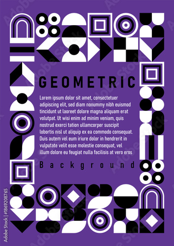 Abstract geometric shapes in black and white, with a space in the center for text on a purple background.