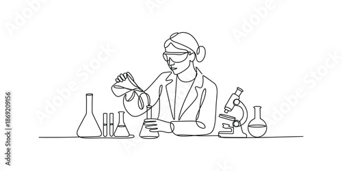 Continuous one line drawing of Female scientist a microscope and flask, analyze formula on laboratory tube, concept of medical science, Editable stroke vector illustration.