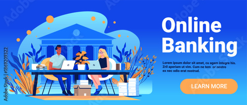 Online banking digital finance people laptops office workspace bank building plants blue background website banner