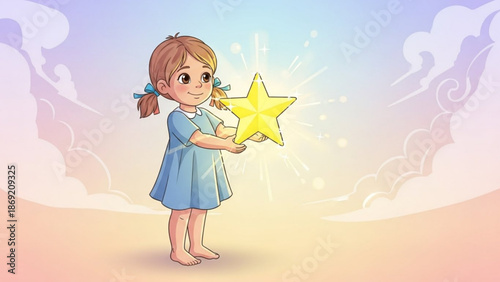 Young girl holding a glowing star representing dreams and aspirations with a soft pastel sky background illustration for childhood concepts