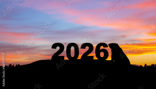 Groundhog Day 2026 Silhouette with Groundhog at Colorful Sunrise Sky