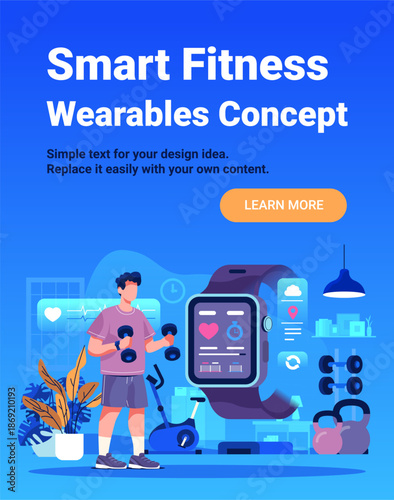 Smart fitness wearables concept gym workout man exercising with dumbbells smartwatch health data modern home interior blue background