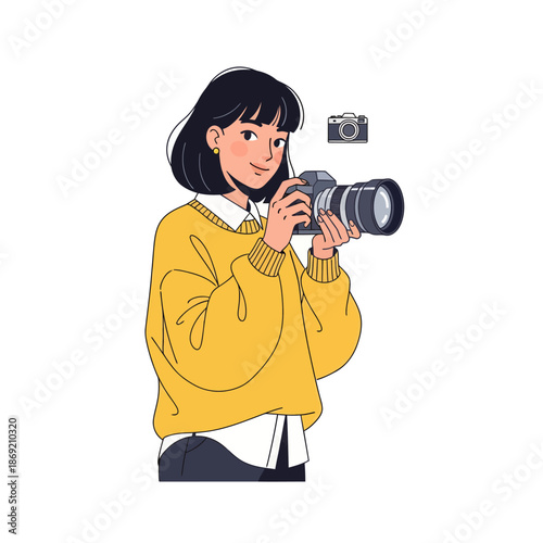 Young Woman Photographer Holding Camera, Capturing Image, Creative Hobby, Professional Equipment