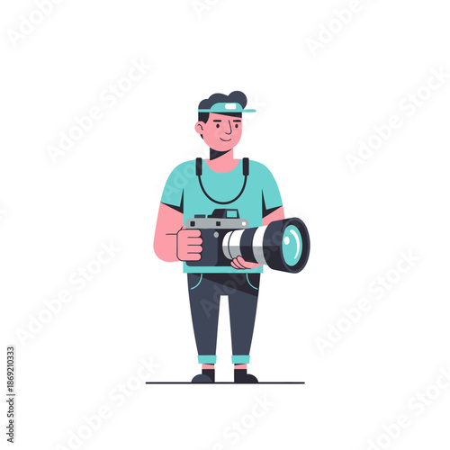 Cartoon Photographer Holding Professional Camera with Telephoto Lens, Vector Illustration